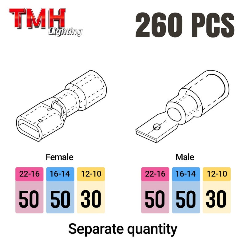 TMH 260 PCS Heat Shrink Spade Connectors AWG 22-10 Electrical Wire Connectors - Female and Male Spade Terminals for Watercraft, Electronics, Automotive Crimp Connectors - Image 2
